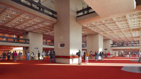 PA Media An artist's impression of an internal public area, with red carpets and elements of the building's concrete structure visible. 