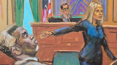 A sketch of prosecutor Emily Johnson points to Sean "Diddy" Combs in a courtroom