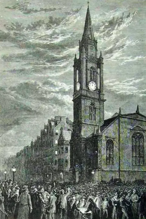 Lost Edinburgh A black and white drawing of the Tron church with lots of people all around it. The clock face shows midnight.