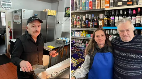 Richard Edwards/BBC On the left of this picture is Asir Cesmecik, on the right is Lindsay Roberts and Ian Gutsell. Asir is wearing a black baseball cap and black jacket, and is holding a pair of metal tongs and a chip shovel. Lindsay has long dark hair, and is wearing a blue apron and grey jumper. Ian has short grey hair and is wearing a patterned jumper. They are standing in front of the wines and spirits shelves.
