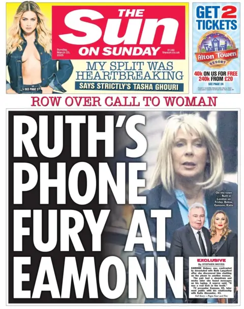 Gambar Tash Ghouri ada di bagian atas halaman depan, dengan headline: "Perpecahan saya memilukan". Sementara tajuk untuk Eamonn Holmes dan perpecahan Ruth Langsford mengambil sebagian besar halaman: "Fury telepon Ruth di Eamonn".