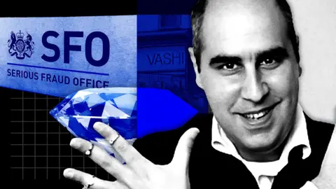 BBC Graphic image: Vashi Dominguez smiles in the foreground, his hand splayed out with many diamonds rings on his fingers. In background is the Serious Fraud Office sign, a "Vashi' logo and a large diamond.