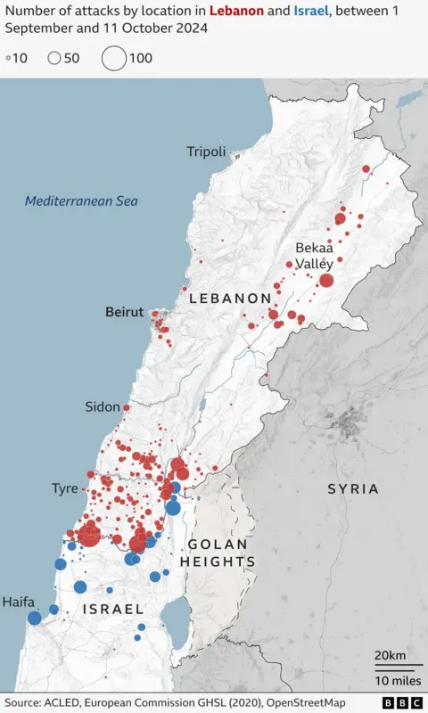 Map showing number of attacks by location successful Lebanon and Israel