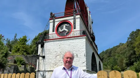 Mike stands at a gate, behind him is a massive water wheel , with a large manx symbol build into the wall