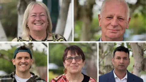 A composite of five people smiling into the camera 