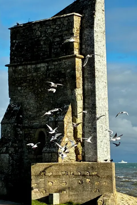 Tony Bird The seagulls flap around the tall ruins of a church, the sea in the background.