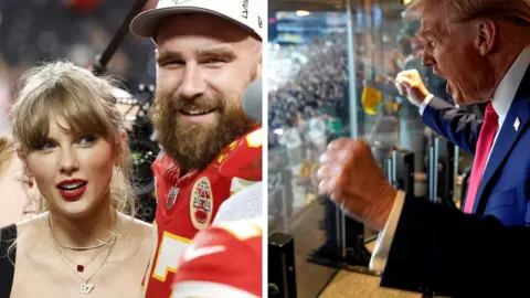 Shutterstock/Reuters gambar gabungan yang menunjukkan, di sebelah kiri, Taylor Swift dan pacarnya Travis Kelce setelah Super Bowl tahun lalu. Di sebelah kanan, Donald Trump pada pertandingan NFL Oktober lalu selama kampanye pemilihan presidennya.