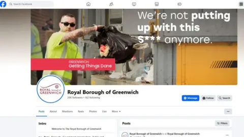 Facebook Screengrab from Facebook of the council's page. It features an image of a binman throwing a rubbish bag into a compactor and the slogan "we're not putting up with this s*** any more"