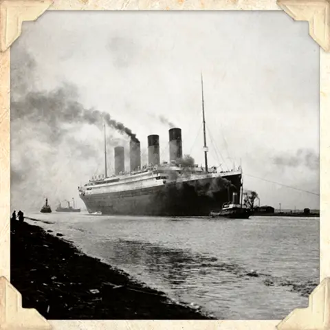 A black and white photograph of the RMS Titanic leaving Belfast for sea trials, 1912 (Getty Images)