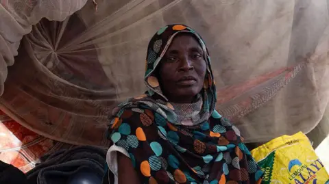 A woman who has fled el-Fasher sits in a makeshift tent in a camp for displaced people.