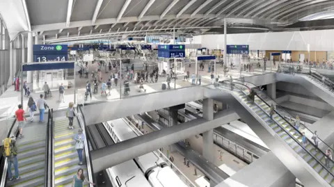 HS2 A visualisation of what the interior of the new Old Oak Common station will look like. It looks much like the interior of an airport, with curved roof sections above an elevated concourse and escalators leading down to the platforms. Many passengers can be seen going about their day.