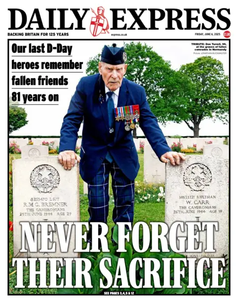 "Never forget their sacrifice" reads the headline on the front page of the Daily Express.