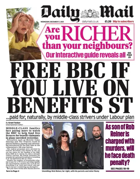 The headline on the front page of the Daily Mail reads: "Free BBC if you live on Benefits St".