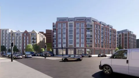 A modern block of flats behind a road, as generated by a computer.