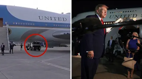 A split screen of Air Force C-32A on the left and Trump standing outside Air Force One on the right.
