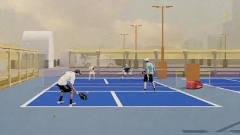 LDRS An artwork of four people playing pickleball on a blue court with tall flood lights and barriers around the edge.