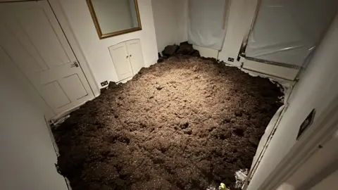 Another view of the shocking amount of soil dumped in the Reeves' home, a testament to the audacity of the cannabis criminals.