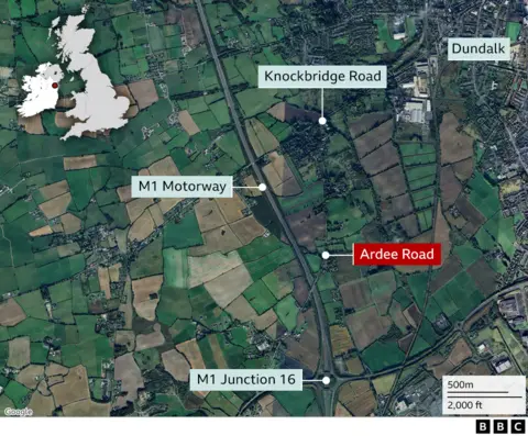 A satellite image showing where the crash took place. Areas around the crash including the M1 Motorway, Dundalk and the Ardee Road are named.
It includes also includes a map of the UK and Ireland with a point showing where the crash took place.