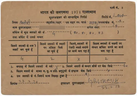 Vikas Kumar A supervisor in Rajasthan's Bhilwara district mailed this pre-printed postcard on 23 February 1970 to track mapping, house numbering and enumeration work for the 1971 Census.