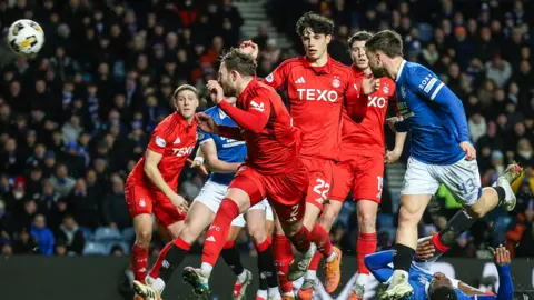 Nicolas Raskin heads home a Connor Barron corner in Rangers' 2-0 Scottish Premiership victory over Aberdeen on Tuesday