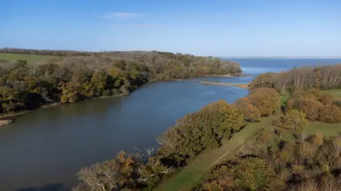 A view looking down the inlet towards the sea. The wide river is flanked by trees.