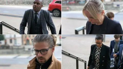 PA Media Four images of defendants in the Jessica Lawson case, on their way into a court. The are teacher Steven Layne, who wears a smart, dark-grey, three-piece suit, teacher Chantelle Lewis, who wears a black suit, teacher Daisy Stathers, who wears a black jacket, a black and white blouse and black-rimmed glasses, and lifeguard Leo Lemaire, who wears a light-brown jacket, black top and dark-rimmed glasses.