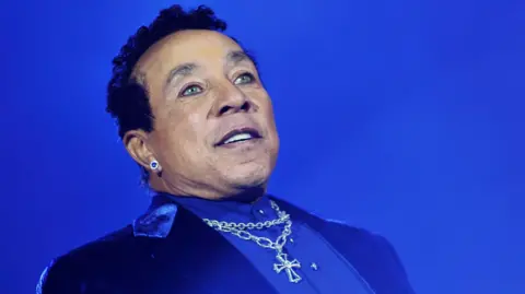 Smokey Robinson, dressed in a blue suit, performs on stage in Hyde Park, 2013