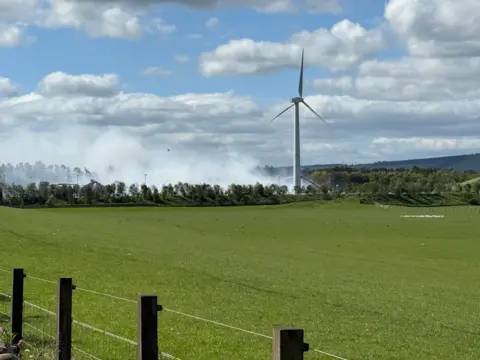 A green field with a windmill and trees in the back ground. Smoke can be seen rising from behind the trees.