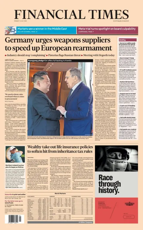 The headline on the front page of the Financial Times reads: “Germany urges weapons suppliers to speed up European rearmament”.’
