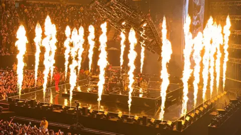 Picture of flames on stage at the O2 Arena.