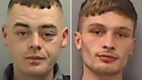 Cleveland Police Mugshots of Ward and Tweddle. Ward is clean shaven with very short dark hair on top of his head and shaved at the sides. Tweddle has slight stubble and short fair hair.