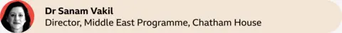 A red circle with a picture of Dr Sanam Vakil, Director, Middle East Programme, Chatham House