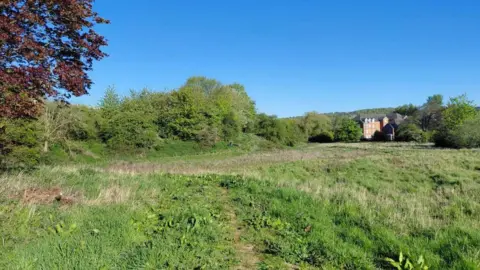 RCBC A large, grassy field flanked by trees is pictured under a blue sky. A large house can be seen in the distance, at the bottom right of the image. 