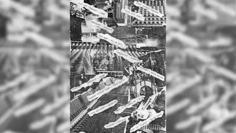 Skullcrusher Magazine A black and white collage of images consisting of several bands performing live and a number of mixing desks. Overlaid on top of the images are the names of songs and bands. 