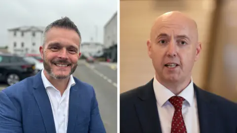 BBC/PA Two photos separated by a white line in the centre. The first photo shows a man smiling. He's wearing a navy suit with a design and a white shirt. The second man is speaking. He's wearing a navy suit with a red patterned tie and a white shirt. 