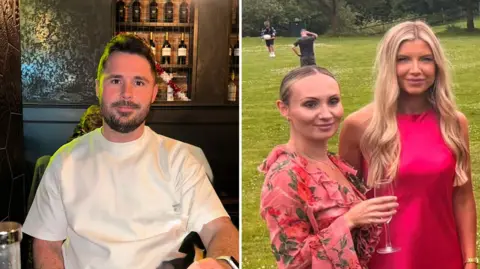 A composite image of a man in a white t-shirt, he has a stubbly dark brown beard and short dark hair. The picture next to him is of two girls in pink. One has long blonde hair and is on the right, the one on the left has a floral pink top and holds a glass.