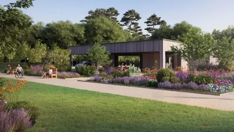 Pinewood Group An artists impression of what a garden will look like at Pinewood Studios, including plants, trees, grass, a building and people sitting down on benches. 