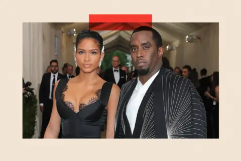 Neilson Barnard/Getty Images Sean "Diddy" Combs attending a gala with Cassie. Both wear formal black outfits and look serious