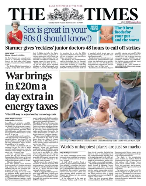 The headline on the front page of the Times reads: “War brings in £20m a day extra in energy taxes”.