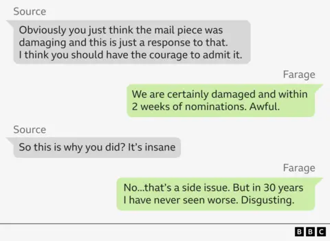 Source – Obviously you just think the mail piece was damaging and this is just a response to that.
                I think you should have the courage to admit it.
Farage – We are certainly damaged and within 2 weeks of nominations. Awful.
Source – So this is why you did? It’s insane
Farage – No...that’s a side issue. But in 30 years I have never seen worse. Disgusting.
