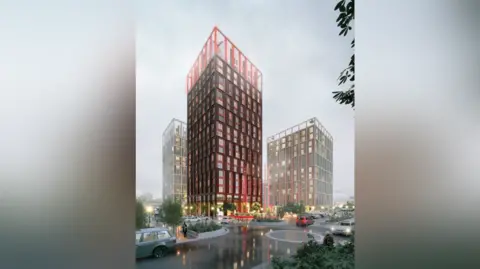 Galliard Homes An artist's impression for what the three flats could look like on a misty day. One has a frame that is lit red at the top.
