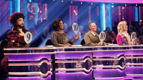 PA Media The judging panel at their desk in this year's Strictly Come Dancing. All the four judges - Revel Horwood, Motsi Mabuse, Shirley Ballas and Anton Du Beke - are in costume. Revel Horwood is holding up his scoring paddle that says "nine", while the others' say "10".