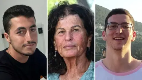 A composite image of Yonatan Samerano, Ofra Keidar and Sgt Shai Levinson. Ofra is looking directly at the camera, has black frizzy hair and earrings. To the right is Yonatan who is wearing a black t-shirt while Levinson has spectacles and is smiling directly at the camera.