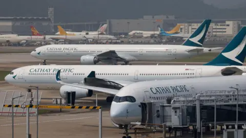 A Cathay Pacific Airbus A350 aircraft at Hong Kong International Airport