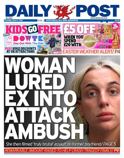 Daily Post Daily Post main headline: Won lured ex into attack ambush; She then filmed 'truly brutal' assault on former boyfriend. Next to image of a woman with blonde hair in her police mugshot.