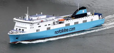 PA Media File photo from 2009 of the Scottish Viking ferry, Norfolkline's ferry on the Rosyth to Zeebrugge route. The white and blue ship is on the grey waters of the North Sea.