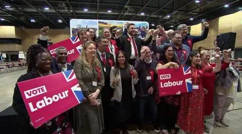 A group of men and women at an election count. Some are holding red Vote Labour placards and some are punching their hands in the air to celebrate a win. They are in a large hall with pictures of the area on a screen behind them.