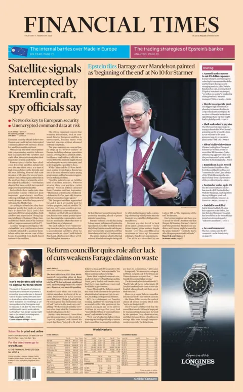 "Satellite signals intercepted by Kremlin craft, spy officials say" reads the headline on the front page of the Financial Times.