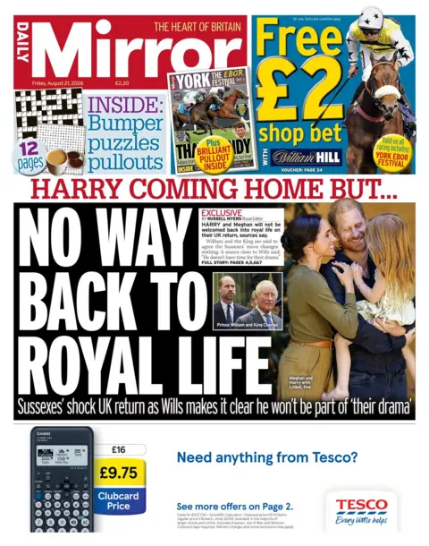 The headline on the front page of the Daily Mirror reads: "No way back to royal life."