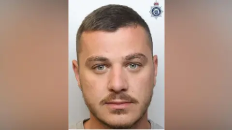 Police custody images of Endrit Nikolli (left) with brown hair wearing a grey t-shirt and facial hair